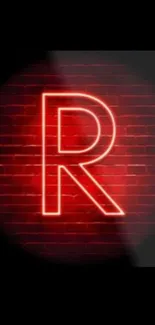 Neon red "R" on a brick wall background, glowing vibrantly for a stylish phone display.